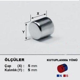 Resim 50 Adet Çap 5Mm X Kalınlık 5Mm Silindir Güçlü Neodyum Mıknatıs 