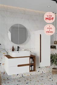 Resim BALNEOM Koza Beyaz 80 Cm %100 Mdf Banyo Dolabı Ayna Lavabo Boy Dolabı 