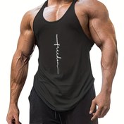 Resim Şık Harf Baskılı Rahat Biraz Esnek Yuvarlak Yaka Tank Top, Yaz Ayları İçin Erkek Tank Topu, Açık Hava Sporu Vücut Geliştirme Fitness İçin 