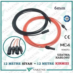 Resim Güneş Paneli Uzatma Kablosu 12m+12m 6mm Çift Taraflı Mc4 Soketli Solar Ara Kablo Siyah Kırmızı 