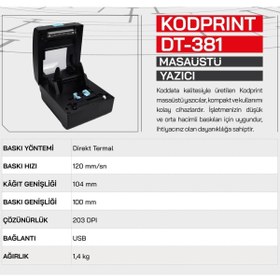 Resim KODDATA KODPRINT KDT-381 TERMAL 203DPI 104MM BARKOD YAZICI (USB) 