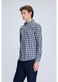 Resim Lacivert Slim Fit Kareli Düğmeli Yaka Uzun Kollu Pamuklu Gömlek 19151010014a 410 1964073 Lacivert 