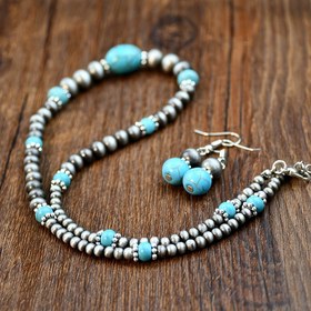 Resim Kadınlar için Bohem Vintage Etnik Tarzı Turkuaz Kolye ve Küpe Seti, Antika Gümüş Boncuklu Takı 