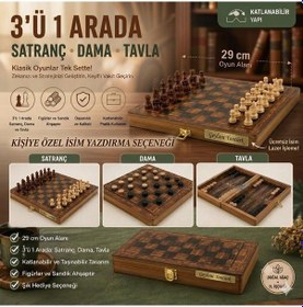 Resim Kişiye Özel İsim Yazılabilir Lüks Ahşap 3ü1 Arada Satranç Dama Tavla Seti Kilitli 29cm Premium Takım 