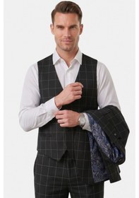 Resim Deepsea Erkek Siyah Slim Fit 3 Lü Takım Elbise Yelekli Ekose Desenli Çift Düğme Takım Elbise 2600501 