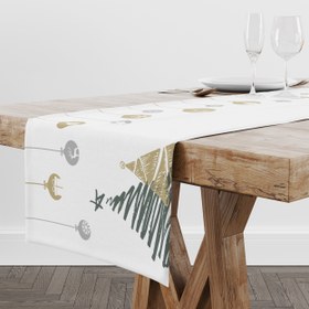 Resim Gümüş / Altın Rengi Ağaç ve Süslü Yılbaşı Temalı Runner Örtü 