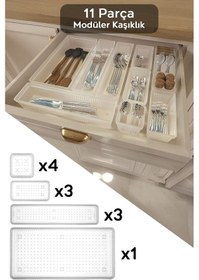 Resim 11 Parça Modüler Kaşıklık Seti - Ayarlanabilir Mutfak Çekmece İçi Düzenleyici Organizer Şeffaf 