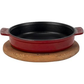 Resim Lava Döküm Yuvarlak Güveç Kabı Döküm Demir Yekpare Çift Kulplu Kayın Servis Ahşabı Çap Ø 17cm.-bordo Bordo 