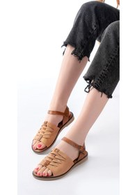 Resim 205-029 Bej Ortopedik Hakiki Deri Kadın Sandalet Altın - Taba 