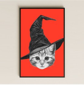 Resim Cadı Şapkalı Kedi İllüstrasyonu Dijital Sanat Pleksi Tablo 
