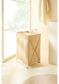 Resim Ocean Home Textile Katlanabilir Metal Destekli Altın Renk Jüt Keten Çamaşır Sepeti 36 X 33 X 60 Cm Natürel 