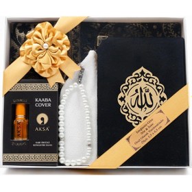 Resim Takke + Esans + Tesbih + Seccade + Kadife Kuran Hediye Seti Çanta Boy, Siyah 