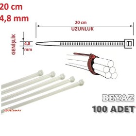 Resim 100 Adet 20cmx4,8mm Beyaz Plastik Cırt Kelepçe Kablo Bağı 