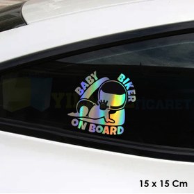 Resim yılmazetic Motorcu Bebek Motorda Bebek Var Hologram Oto Sticker Cam Araba Yapıştırma Çıkartma Etiket 15 X 15 Cm 