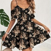 Resim Kadınların Omuzları Açık Çiçek Baskılı A Kesim Elbisesi - Hafif %100 Polyester Makinede Yıkanabilir Tatil Elbisesi, Bahar/Yaz Günlük ve Resmi Durumlar için Fırfır Detaylı 