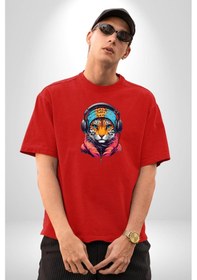 Resim Kulaklık Kedi Leopar Bandana Pamuklu Bisiklet Yaka Unisex Oversize Boyfriend Dijital Baskılı Kırmızı T-shirt Kırmızı 