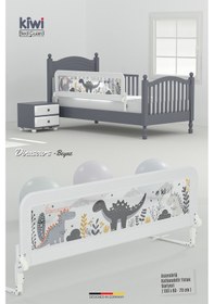 Resim Kiwi Bed Guard Asansörlü Beyaz Dinozor Desenli, Çocuk Yatak Bariyeri, Yatak Korkuluğu 150x60-70 Cm 