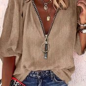 Resim Zip-up V yaka şık gömlek, rahat ve stil sahibi üç çeyrek kollu, tatil, günlük kullanım veya iş için uygun 