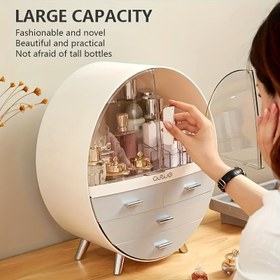 Resim 1 adet Çekmeceli Yuvarlak Kozmetik Organizatörü, Büyük Kapasiteli Plastik Makyaj Saklama Kutusu, Makyaj Masası Kozmetik Çantası, Şık ve Alan Tasarruflu, Makyaj Masası ve Banyo İçin 
