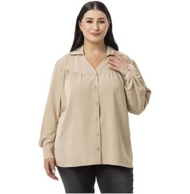 Resim Büyük Beden Yakalı Önü Büzgü Robalı Uzun Kol Bej Rengi Gömlek-bej Bej 