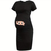 Resim Şirin Hamilelik Grafik Annelik Elbisesi - Yeşil Bodycon Kısa Kollu Üst, Sevimli Hamilelik Baskısı, Yuvarlak Yaka, Tüm Mevsimler İçin Bekar Anneler İçin Rahatlık, Hamilelik Elbisesi | Oyuncağa Özenli Baskı | Esnek Kumaş 