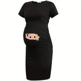 Resim Şirin Hamilelik Grafik Annelik Elbisesi - Yeşil Bodycon Kısa Kollu Üst, Sevimli Hamilelik Baskısı, Yuvarlak Yaka, Tüm Mevsimler İçin Bekar Anneler İçin Rahatlık, Hamilelik Elbisesi | Oyuncağa Özenli Baskı | Esnek Kumaş 