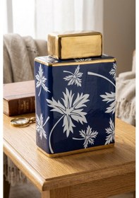 Resim Blue Fall Dikdörtgen Kapaklı Küp 26 Cm Dekoratif Seramik Kübik Kavanoz Ve Obje Saks Mavisi & Gold Çok Renkli 