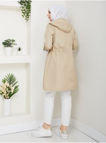 Resim RACE FASHİON Çizgi Desenli Bondit Kumaş Beli Lastikli Kapüşonlu Tesettür Trençkot RC905010 