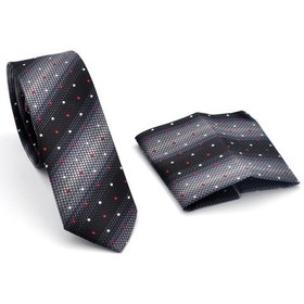 Resim Gaffy Gri Füme Ve Siyah Verev Desenli Dokuma Kumaş Mendilli Slim Fit Kravat // Sdk-240803 Desenli 
