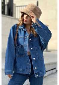 Resim Kadın Mavi Apaş Yaka, Çift Cepli, Kaliteli Jeans Kumaş, Salaş Kot Ceket Mavi 