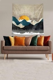 Resim Pelangi Sarı Dağın Ardındaki Güneş Leke Tutmaz Kadife Kumaş Duvar Örtüsü Duvar Halısı Tapestry KWLL332, 70 x 70 