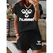Resim Avrupa ve Amerikan Bahar/Yaz Kadınlar için Hummel Yazı Baskılı Kumaşlı Sliky Fiber Tişört ve Cepli Şort İki Parça Takım 