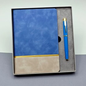 Resim Gold Şeritli Mavi Defter Ve Kalem Seti 