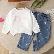 Resim 2 Adet Kız Çocuk Uzun Pantolon Kalp Nakışlı Sahte Kot ve Sweatshirt Takımı, Günlük Kıyafet, Sevimli Çocuk Modası, Şık Çocuk Giyimi, Dayanıklı Çocuk Giysileri, Kaliteli Dikiş, Çocuk İki Parça Seti, Uygun Kıyafet, Gençler için, Küçük Çocuk Giysileri, Dış Mekanlar İçin Mükemmel 