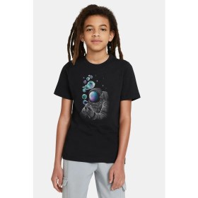 Resim Qivi Astronot Baloncuk Baskılı Unisex Çocuk Siyah T-Shirt 
