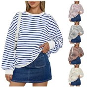 Resim Novahub Kadın Sonbahar Ve Kış Renkli Çizgili Bisiklet Yaka Bol Sweatshirt Kapüşonlu Üst Haki - L Haki 