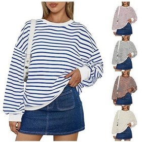 Resim Novahub Kadın Sonbahar Ve Kış Renkli Çizgili Bisiklet Yaka Bol Sweatshirt Kapüşonlu Üst Mavi - S Mavi 