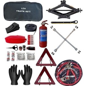 Resim Beşli Ürün Tüvtürk Uyumlu Trafik Seti + Çantalı Akü Takviye Kablosu + Kriko + Bijon Anahtarı + Eldiven 