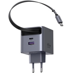 Resim Ugreen 45W Makaralı Dahili Kablolu GaN Hızlı Şarj Cihazı, 2xUSB-C, 1xUSB-A, Gri, 65822 