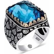 Resim Gümüş Desenli Zirkon Mavi Taşlı Kare Erkek Yüzük (510933594) 