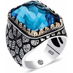 Resim Gümüş Desenli Zirkon Mavi Taşlı Kare Erkek Yüzük (510933594) 