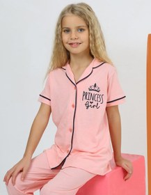 Resim Kız Çocuk Kısa Kollu %100 Pamuklu Düğmeli Pijama Takımı Princess Pembe 