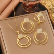 Resim 4 Parça 18K Altın Kaplama Yuvarlak Geometrik Kolye, Küpe ve Yüzük Seti - INS Fransız Vintage Tarzı Şık ve Çok Yönlü Hediye, Günlük Giyim, İşe Gidiş, Partiler ve Kutlamalar İçin Erkekler & Kadınlar için Mükemmel 