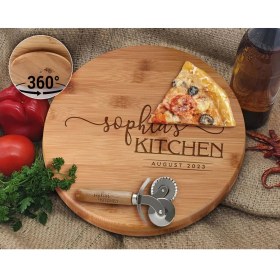 Resim Bk Gift Kişiye Özel Isimli Bambu Ahşap Döner Tablalı Pizza Tahtası-6, Pizza Kesme Tahtası Seti, Şarküteri Tahtası, Servis Tepsisi, Ahşap Tabak, Eve Taşınma Hediyesi 