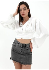 Resim Wpr Beli Drapeli Balon Kol Bluz - Ekru 