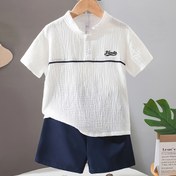 Resim Erkek Çocuklar için 2 Parça Takım, Rahat Karışım Kısa Kollu Gömlek, Nakışlı Alfabe ve Stand Yaka, Nefes Alabilen Polyester Şort, Normal Beden, İlkbahar/Yaz Kıyafeti, Dış Mekanlar İçin 