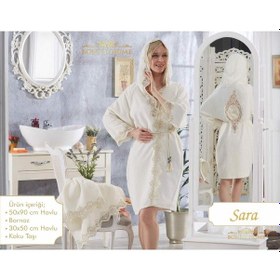 Resim Sara Krem Bayan Fransız Dantelli Balayı Çeyizlik Bornoz Seti Krem 