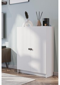 Resim Bili Yatay Kitaplık 3 Raflı 2 Kapaklı Çok Amaçlı Ofis Salon Çalışma Odası Kütüphane Rafı Beyaz Beyaz 