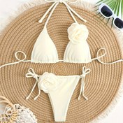 Resim Kadınlar için şık düz renk bikini takımı - Bağcıklı V-yaka seksi mayo, yüksek esneklikli kumaş, elbisesiz plaj ve havuz kenarı rahatlatma, yüksek esneklikli mayo | Çiçek süslemeli mayo | Polyester Blen 