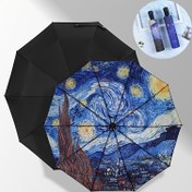 Resim 1 adet Yıldızlı Gece İlhamlı Şemsiye Katlanabilir, Manzara Boyama Katlanabilir Yağmur Şemsiyesi, Parasol, Güneş Şemsiyesi, Rüzgar Geçirmez Seyahat Şemsiyeleri Yağmur için - Kolay Aç Kapat, Su Geçirmez Kanvas - Sırt Çantası, Cüzdan, Taşınabilir Şemsiye Seyahat için - Sevgililer Günü Hediyesi 